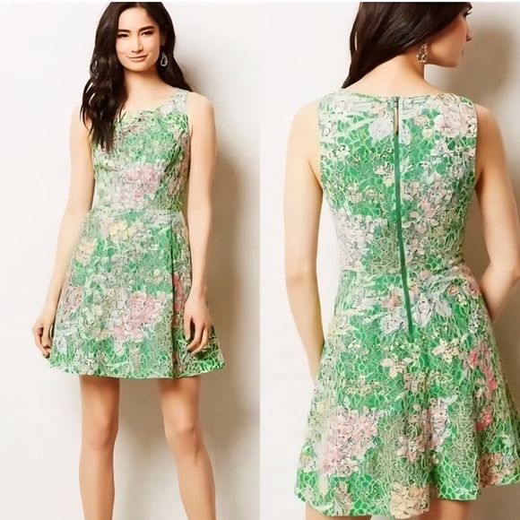 Anthropologie Maeve Green Pink Sequin Lace Lined Mini Dress Size 4 - Picture 1 of 5